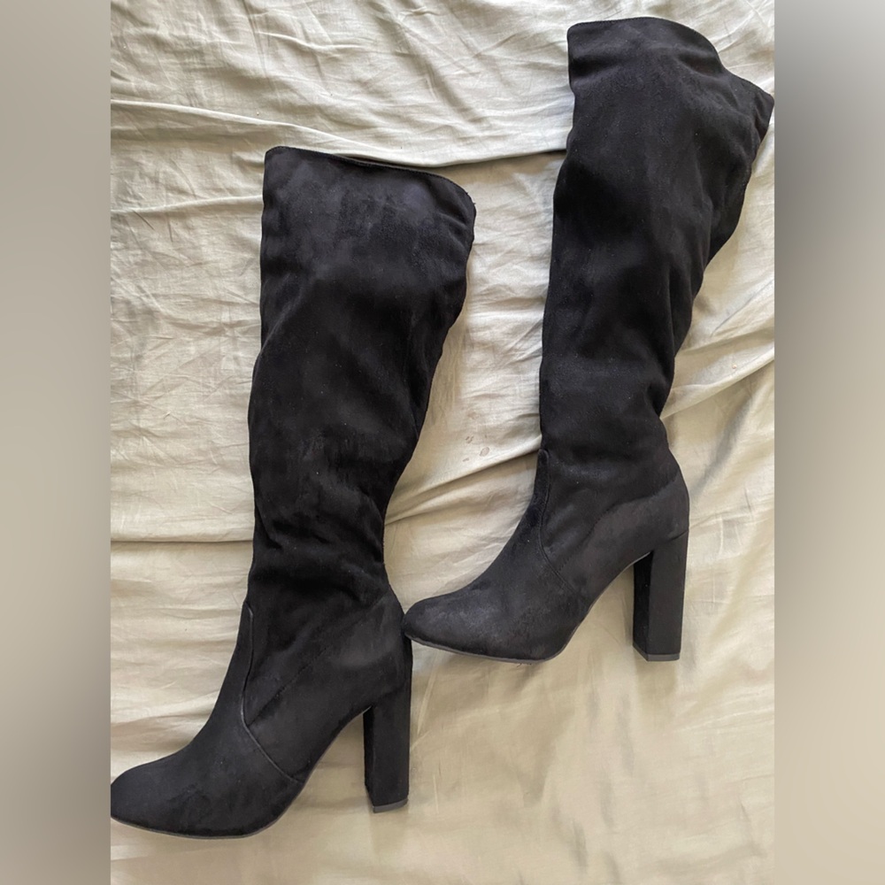 Black suede high heel boots